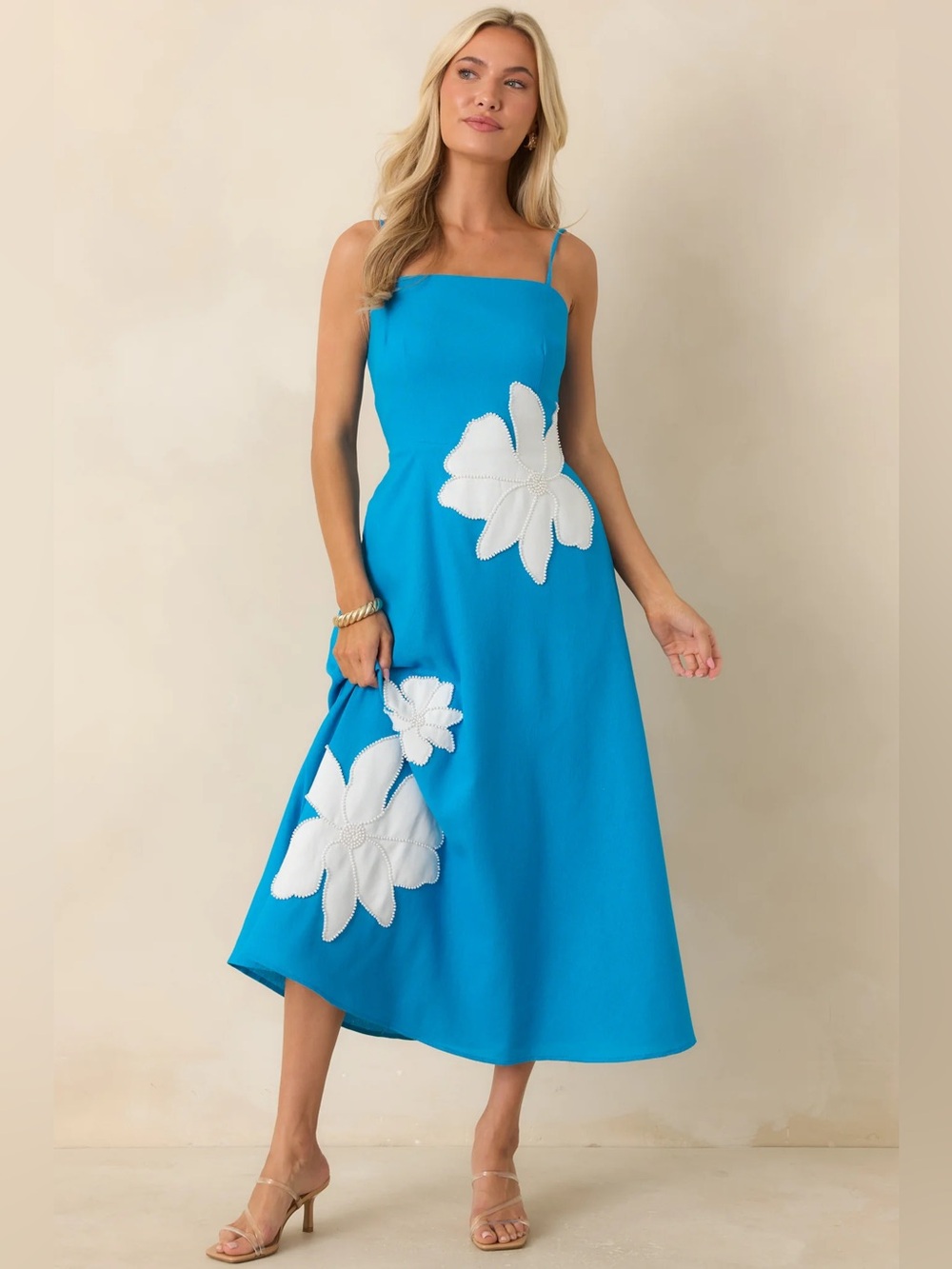 Red Dress Boutique Turquoise Blue Floral Appliqué Midi Dress